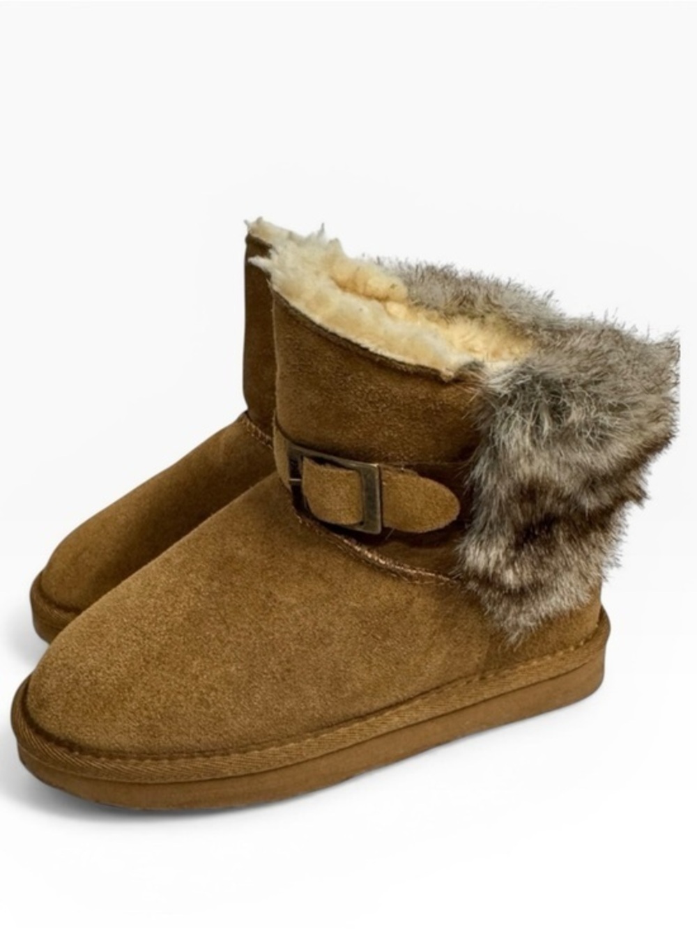 Paws by Bearpaw Chestnut Suede Shorty Boots Fur Lined Buckle Kids US 13